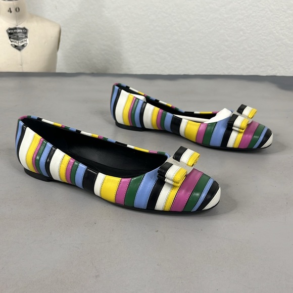 Salvatore Ferragamo Varina Rainbow Stripe Flats Bow Logo - Picture 3 of 13